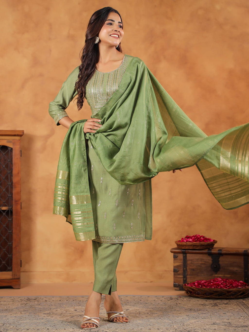 Janasya Sage Premium Chinnon Embroidered Kurta,Bottom & Dupatta