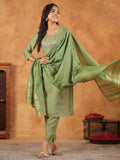 Janasya Sage Premium Chinnon Embroidered Kurta,Bottom & Dupatta
