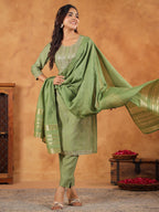 Janasya Sage Premium Chinnon Embroidered Kurta,Bottom & Dupatta