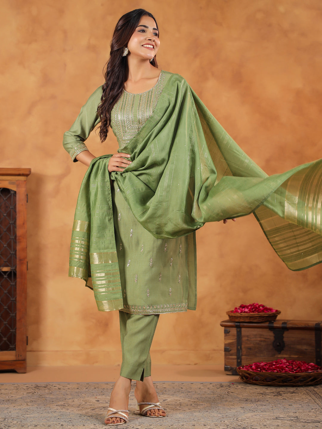 Janasya Sage Premium Chinnon Embroidered Kurta,Bottom & Dupatta