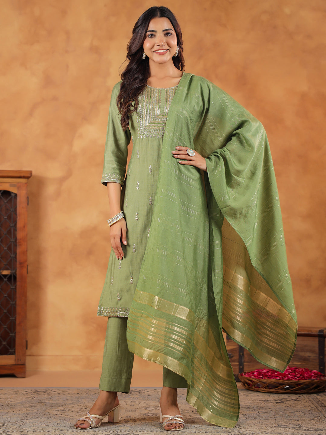 Janasya Sage Premium Chinnon Embroidered Kurta,Bottom & Dupatta