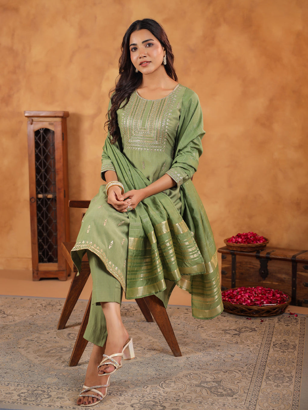Janasya Sage Premium Chinnon Embroidered Kurta,Bottom & Dupatta