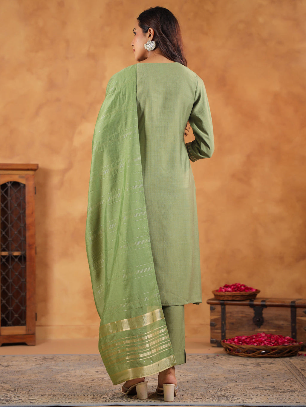 Janasya Sage Premium Chinnon Embroidered Kurta,Bottom & Dupatta