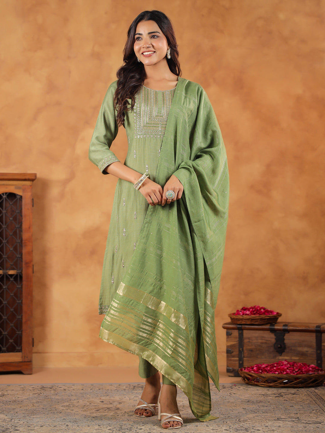 Janasya Sage Premium Chinnon Embroidered Kurta,Bottom & Dupatta
