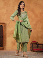 Janasya Sage Premium Chinnon Embroidered Kurta,Bottom & Dupatta