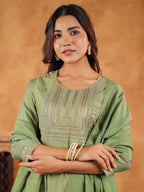 Janasya Sage Premium Chinnon Embroidered Kurta,Bottom & Dupatta