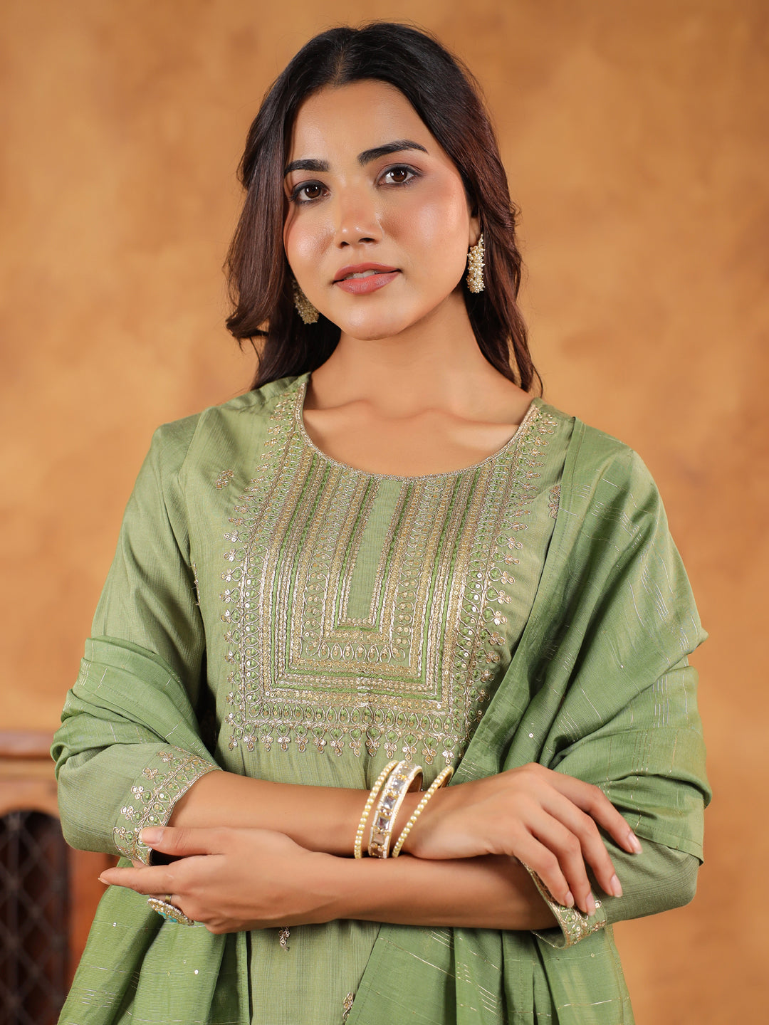 Janasya Sage Premium Chinnon Embroidered Kurta,Bottom & Dupatta