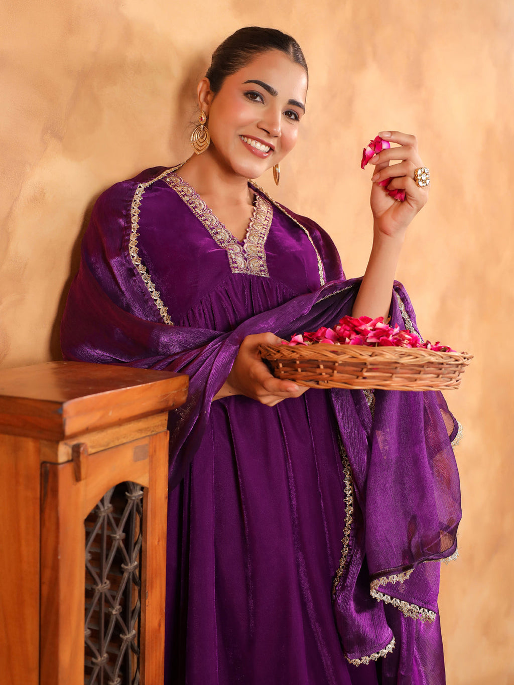 Janasya Purple Velvet Embroidered Kurta,Bottom & Dupatta