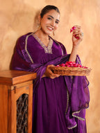 Janasya Purple Velvet Embroidered Kurta,Bottom & Dupatta