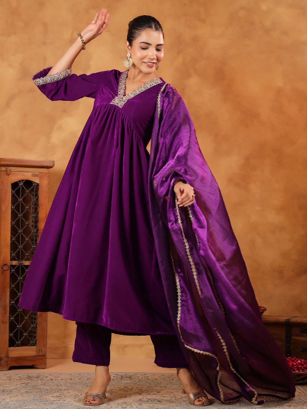 Janasya Purple Velvet Embroidered Kurta,Bottom & Dupatta