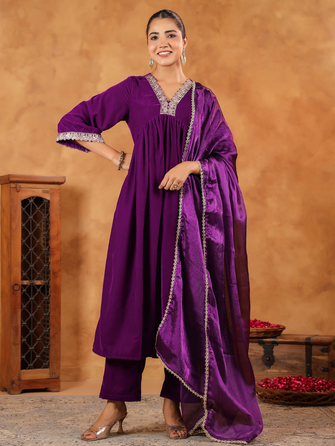 Janasya Purple Velvet Embroidered Kurta,Bottom & Dupatta