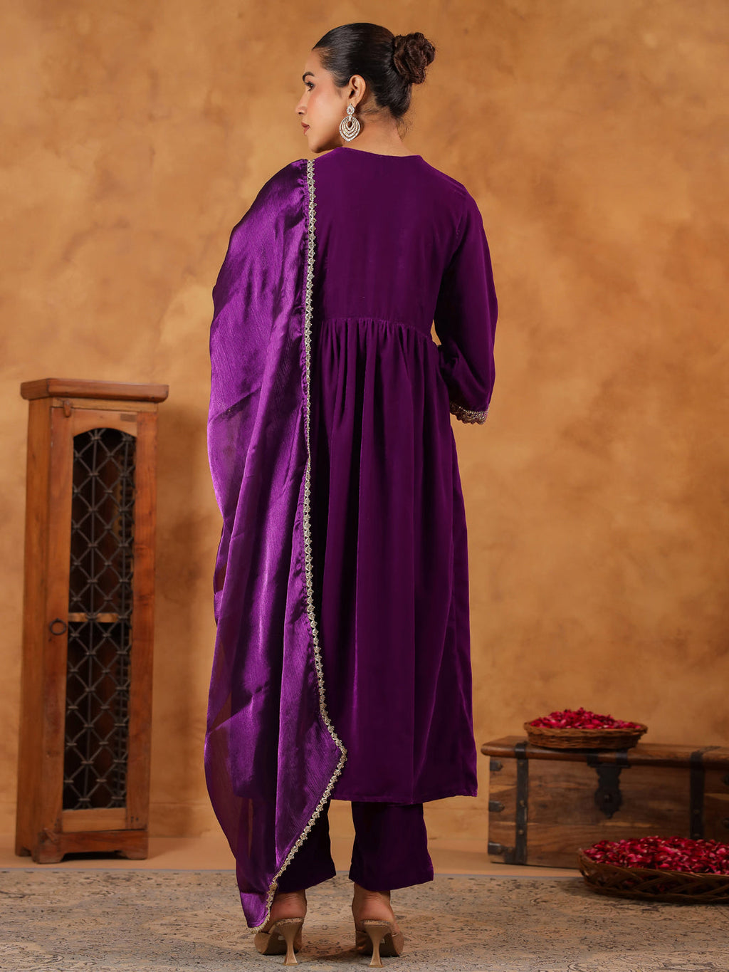 Janasya Purple Velvet Embroidered Kurta,Bottom & Dupatta