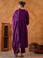Janasya Purple Velvet Embroidered Kurta,Bottom & Dupatta