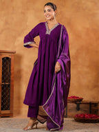 Janasya Purple Velvet Embroidered Kurta,Bottom & Dupatta