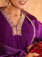 Janasya Purple Velvet Embroidered Kurta,Bottom & Dupatta
