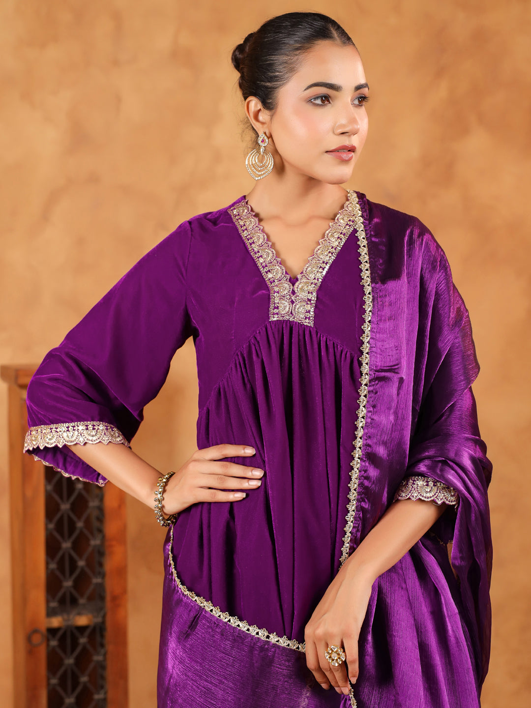 Janasya Purple Velvet Embroidered Kurta,Bottom & Dupatta