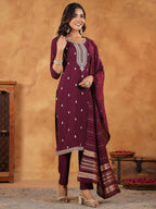 Janasya Dark Chanderi Embroidered Straight Kurta Set