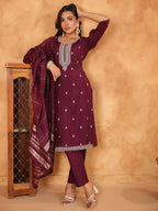Janasya Dark Chanderi Embroidered Straight Kurta Set