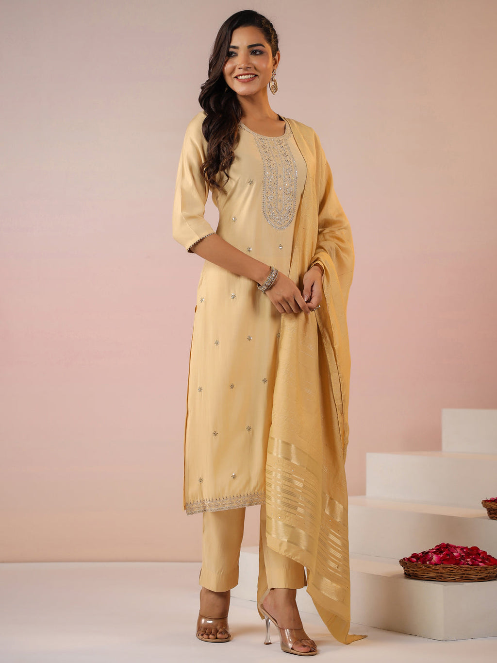 Janasya Light Chanderi Embroidered Straight Kurta Set