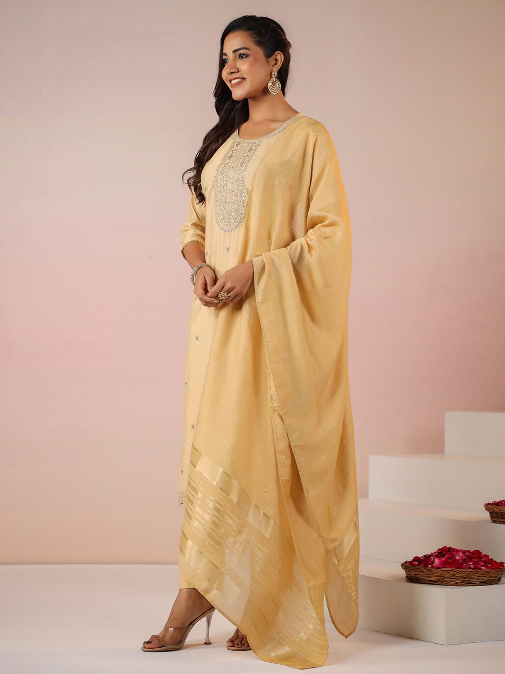 Janasya Light Chanderi Embroidered Straight Kurta Set