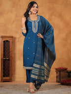 Janasya Dark Chanderi Embroidered Straight Kurta Set - Distacart