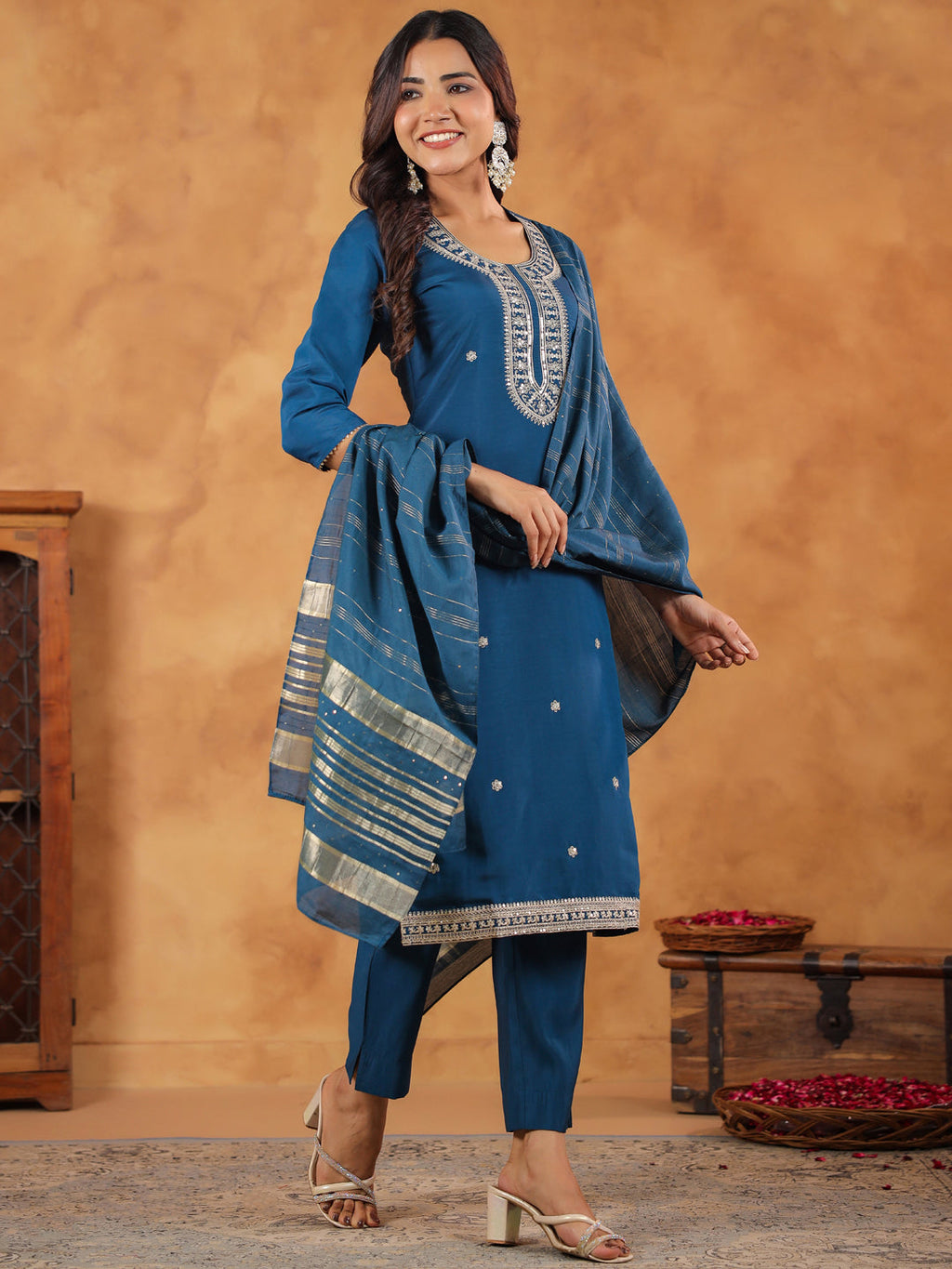 Janasya Dark Chanderi Embroidered Straight Kurta Set - Distacart