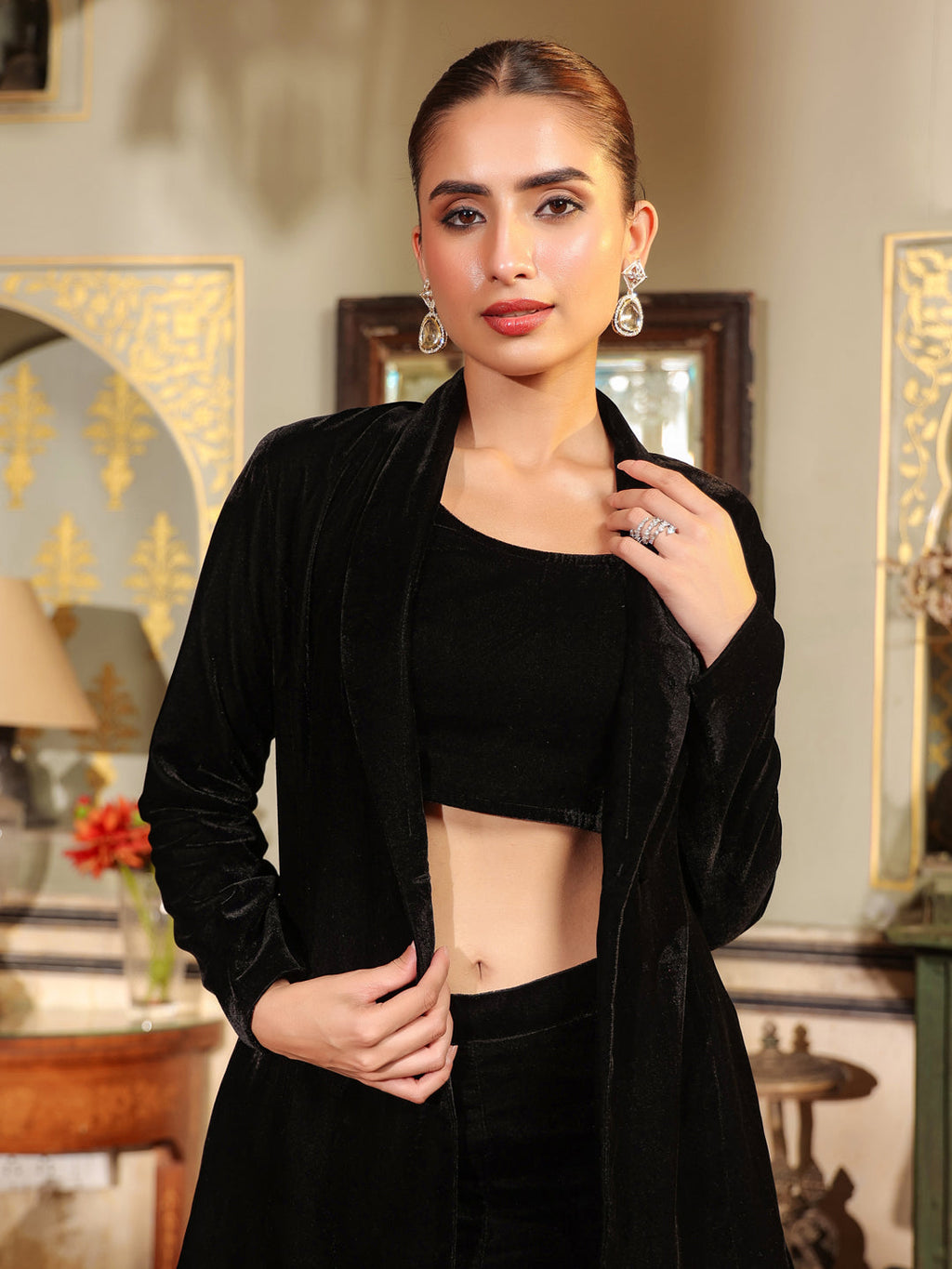 Janasya Black Velvet Solid Top,Bottom & Jacket