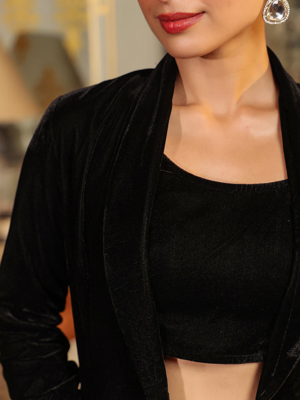 Janasya Black Velvet Solid Top,Bottom & Jacket