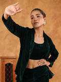 Janasya Green Velvet Solid Top,Bottom & Jacket
