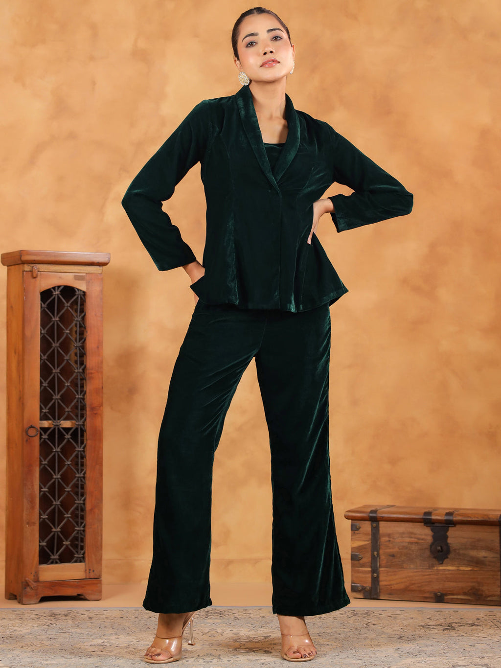 Janasya Green Velvet Solid Top,Bottom & Jacket