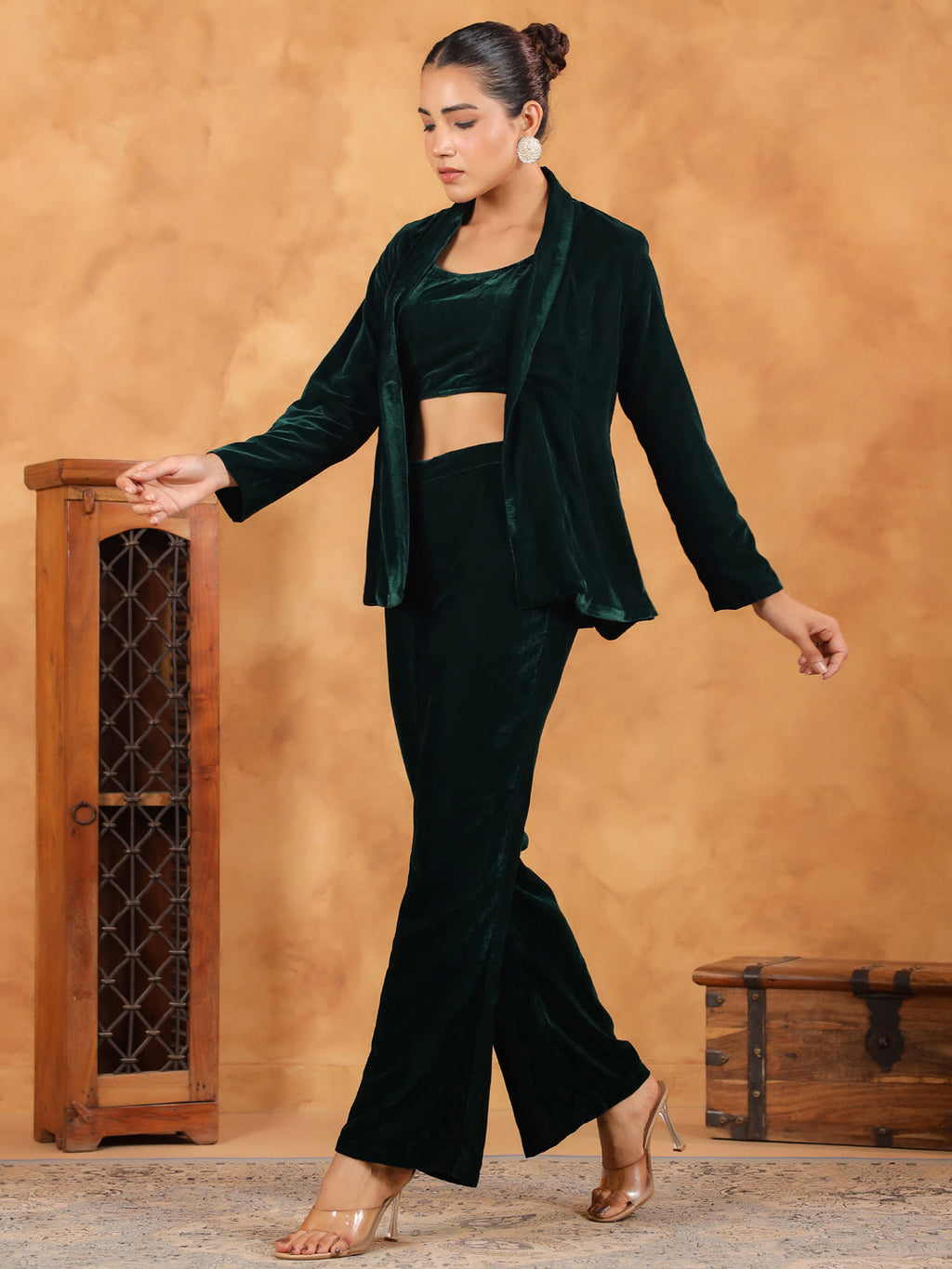 Janasya Green Velvet Solid Top,Bottom & Jacket