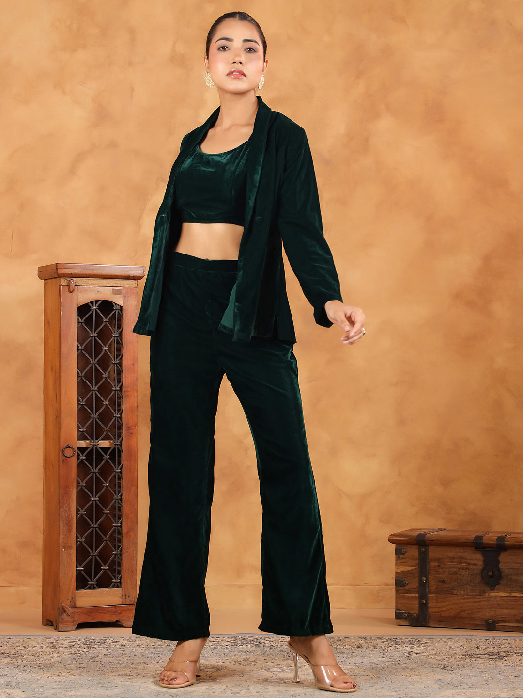 Janasya Green Velvet Solid Top,Bottom & Jacket