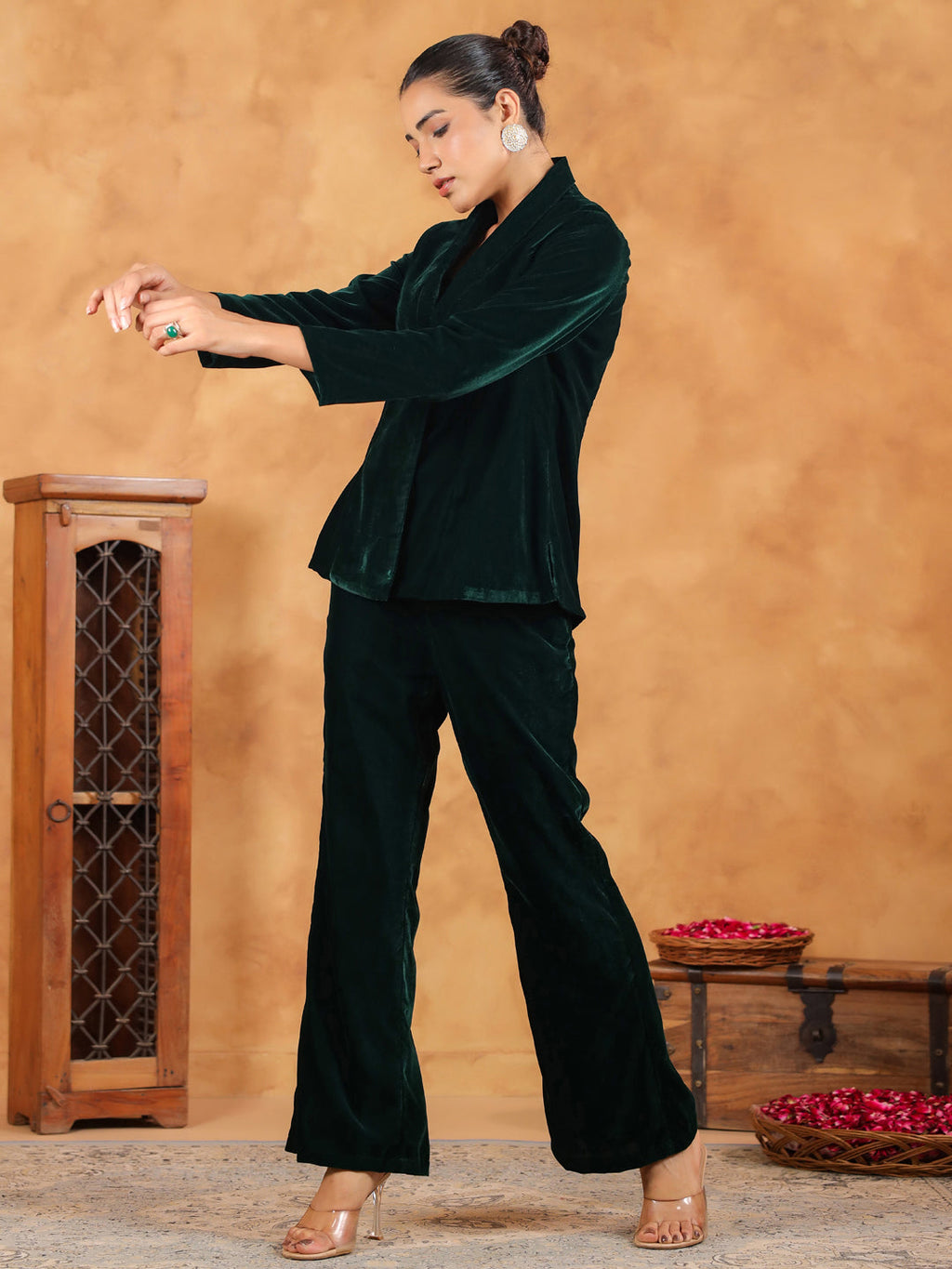 Janasya Green Velvet Solid Top,Bottom & Jacket