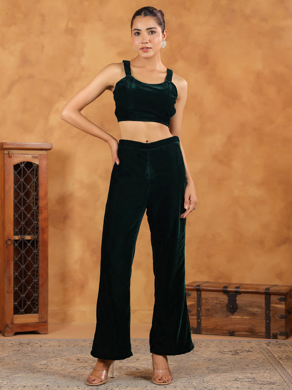 Janasya Green Velvet Solid Top,Bottom & Jacket