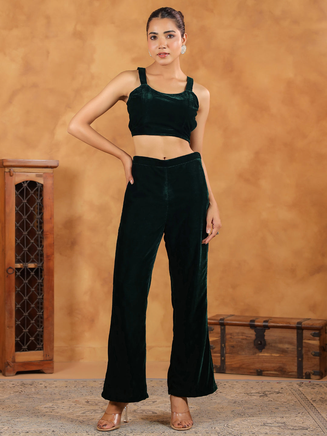 Janasya Green Velvet Solid Top,Bottom & Jacket