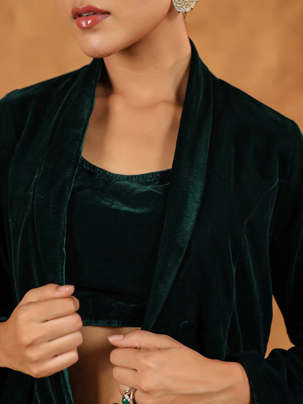 Janasya Green Velvet Solid Top,Bottom & Jacket