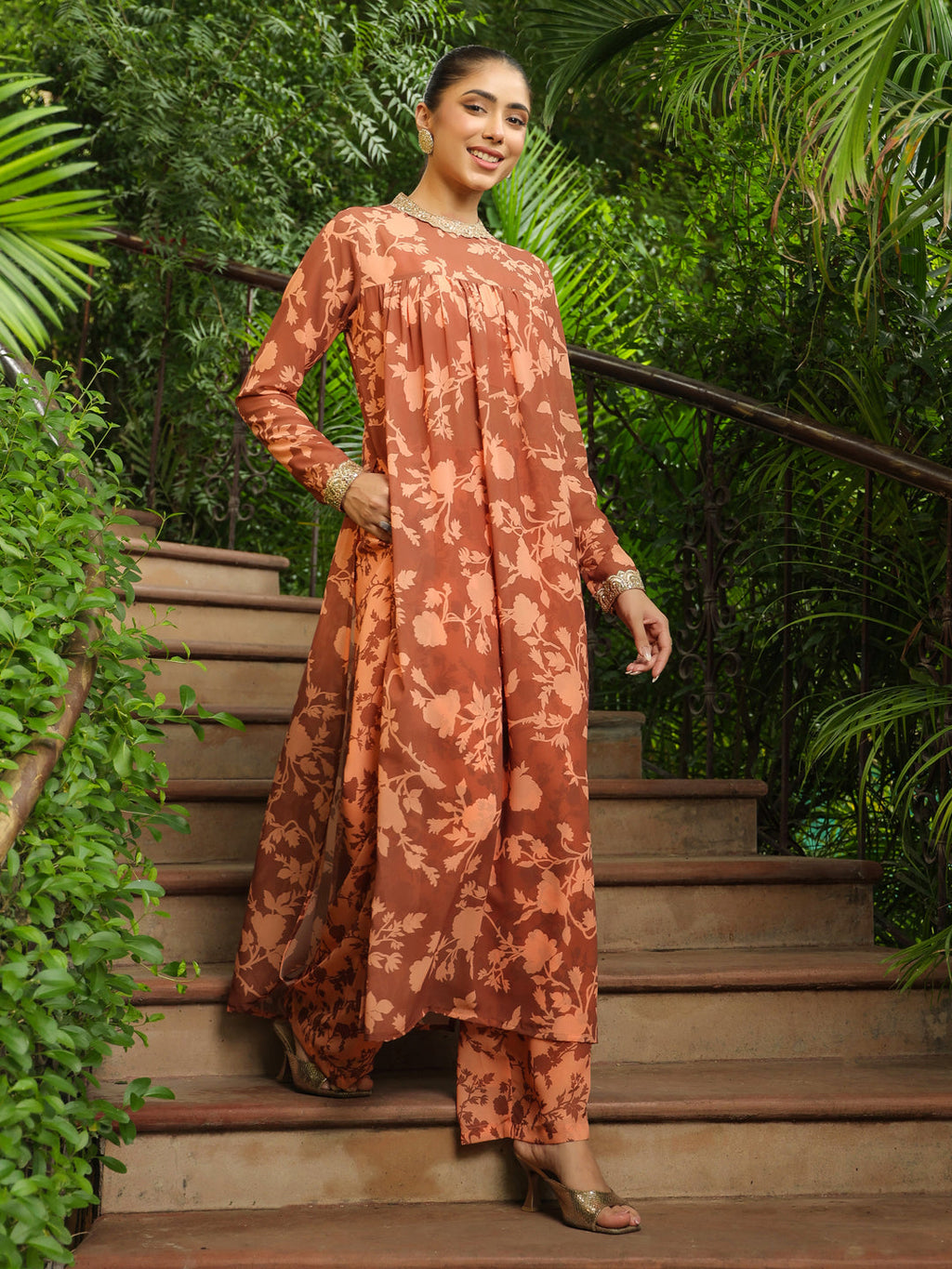Janasya Brown Weightless Georgette Floral Kurta, pant & Jacket