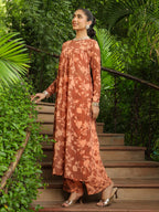 Janasya Brown Weightless Georgette Floral Kurta, pant & Jacket