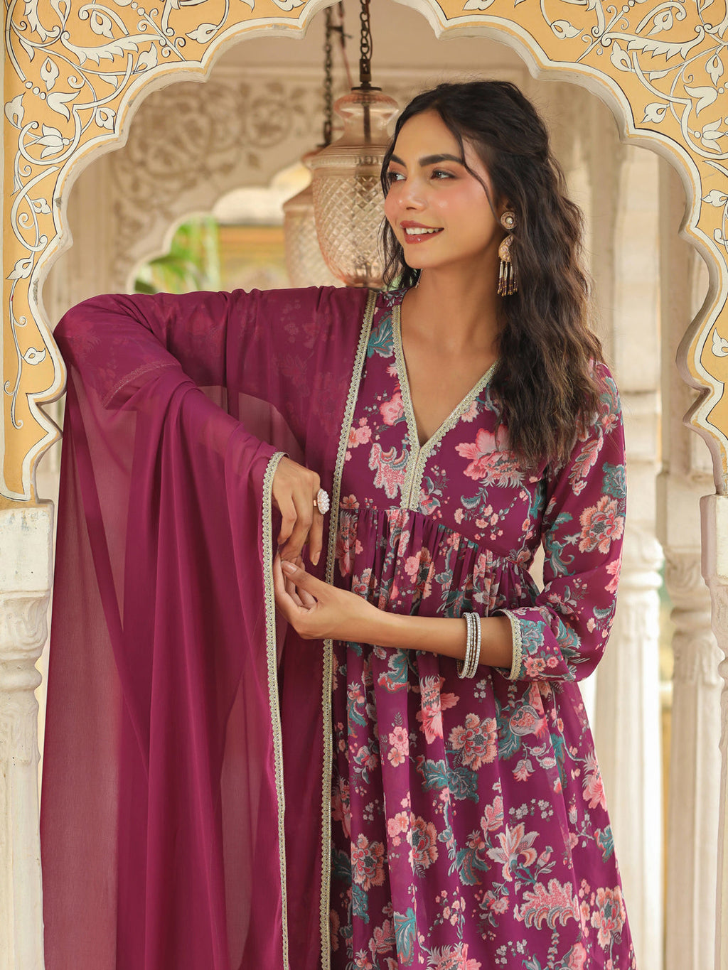Janasya Purple Weightless Georgette Printed Kurta,Bottom & Dupatta
