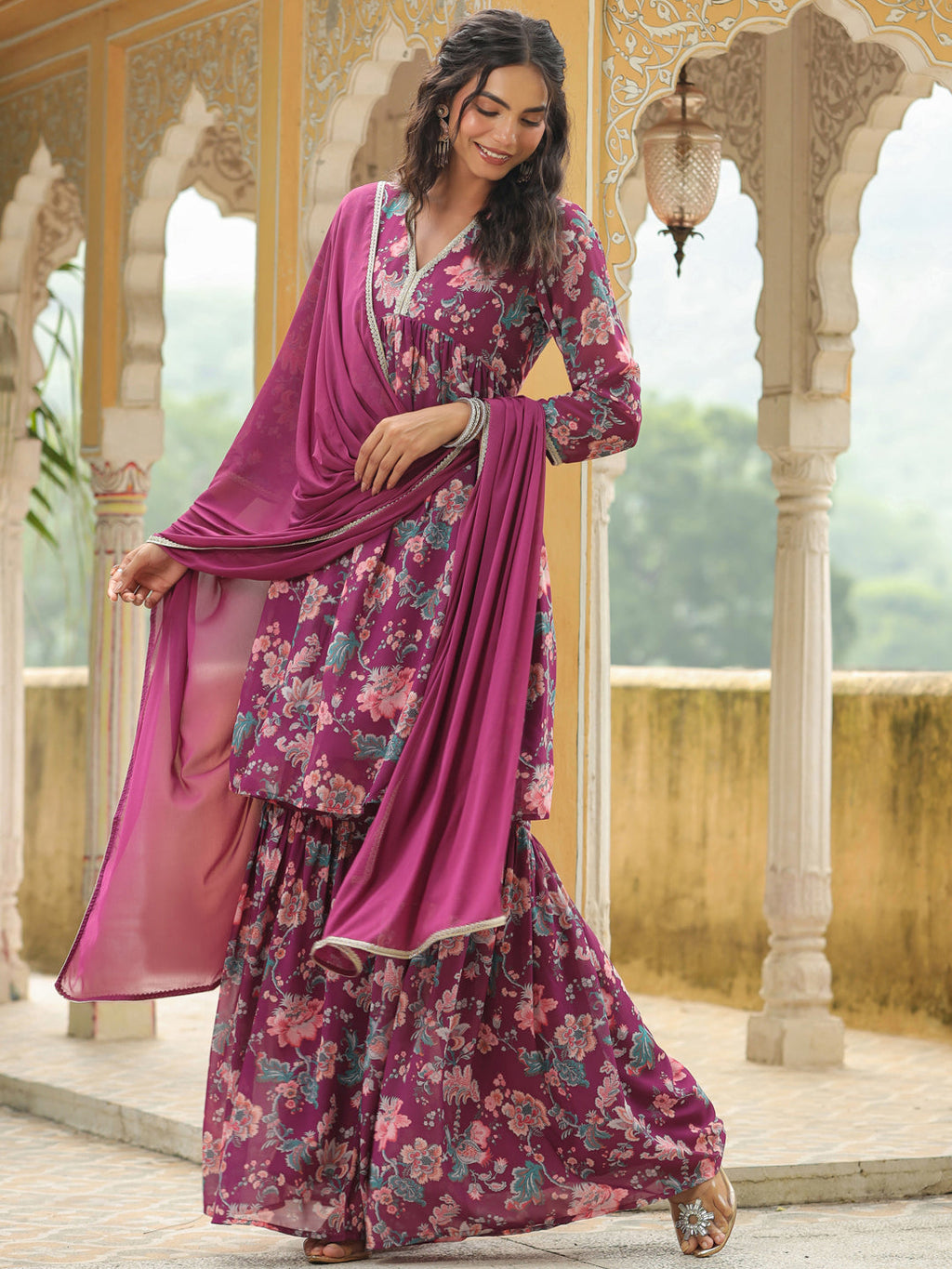 Janasya Purple Weightless Georgette Printed Kurta,Bottom & Dupatta