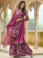 Janasya Purple Weightless Georgette Printed Kurta,Bottom & Dupatta