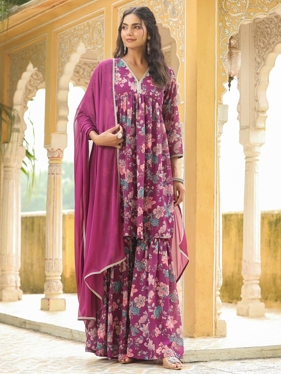 Janasya Purple Weightless Georgette Printed Kurta,Bottom & Dupatta