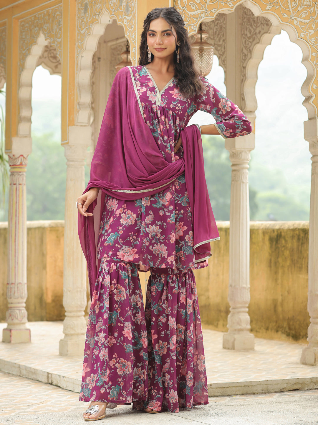 Janasya Purple Weightless Georgette Printed Kurta,Bottom & Dupatta