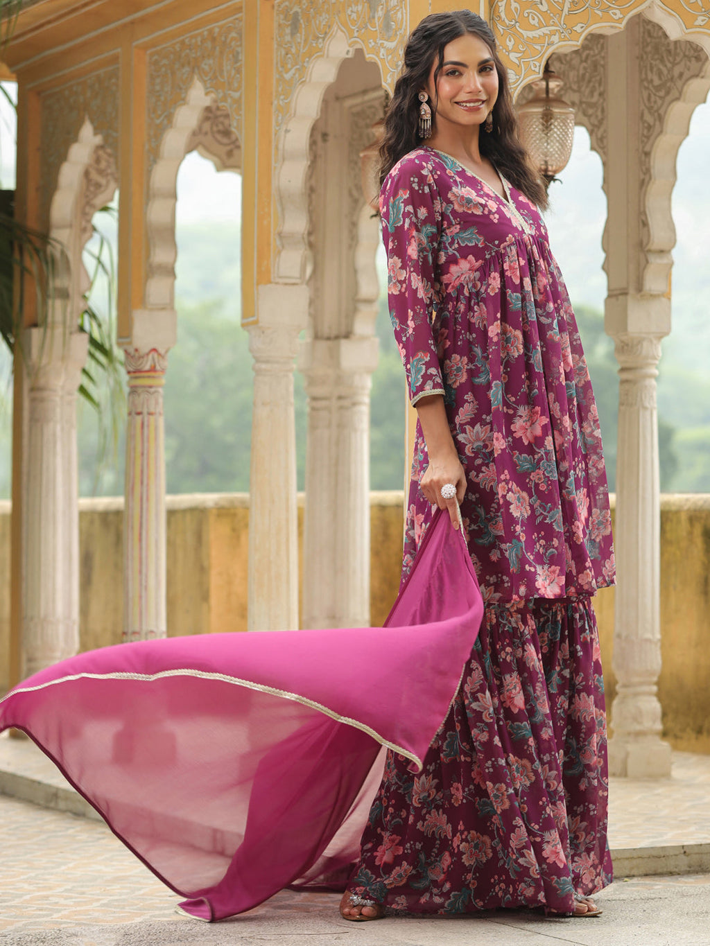 Janasya Purple Weightless Georgette Printed Kurta,Bottom & Dupatta