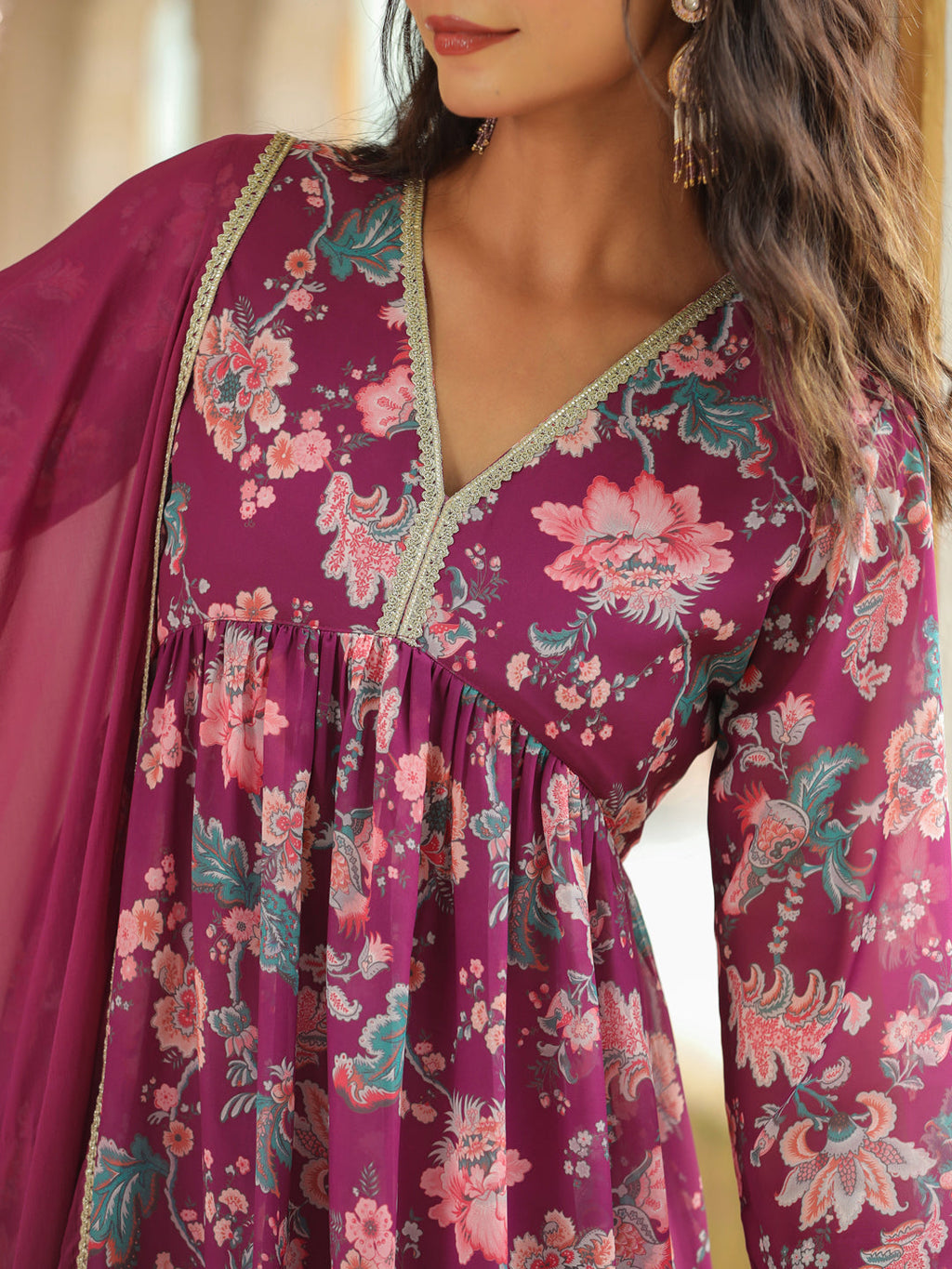 Janasya Purple Weightless Georgette Printed Kurta,Bottom & Dupatta