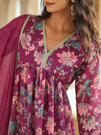 Janasya Purple Weightless Georgette Printed Kurta,Bottom & Dupatta