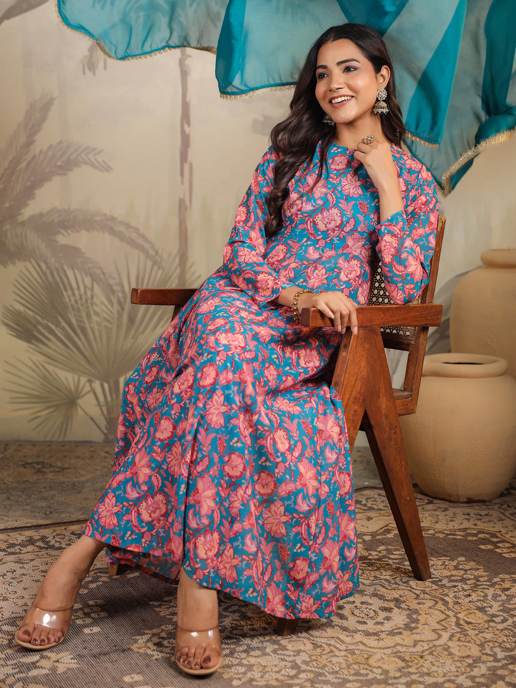 Janasya Teal Weightless Georgette Floral Kurta,Bottom & Dupatta