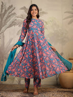 Janasya Teal Weightless Georgette Floral Kurta,Bottom & Dupatta