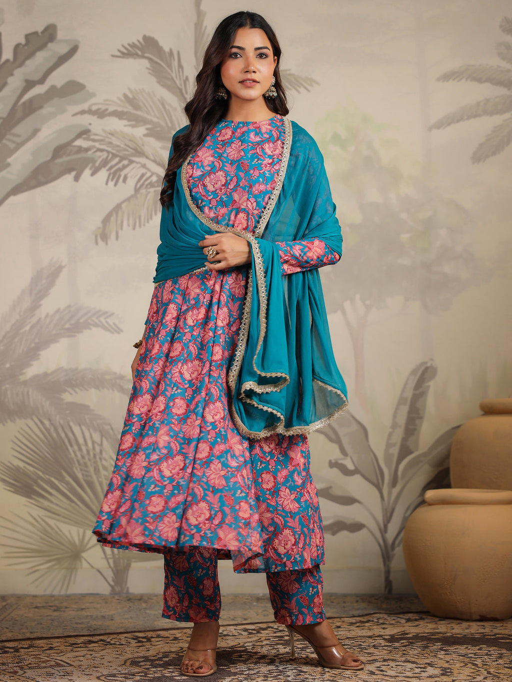 Janasya Teal Weightless Georgette Floral Kurta,Bottom & Dupatta