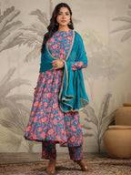 Janasya Teal Weightless Georgette Floral Kurta,Bottom & Dupatta